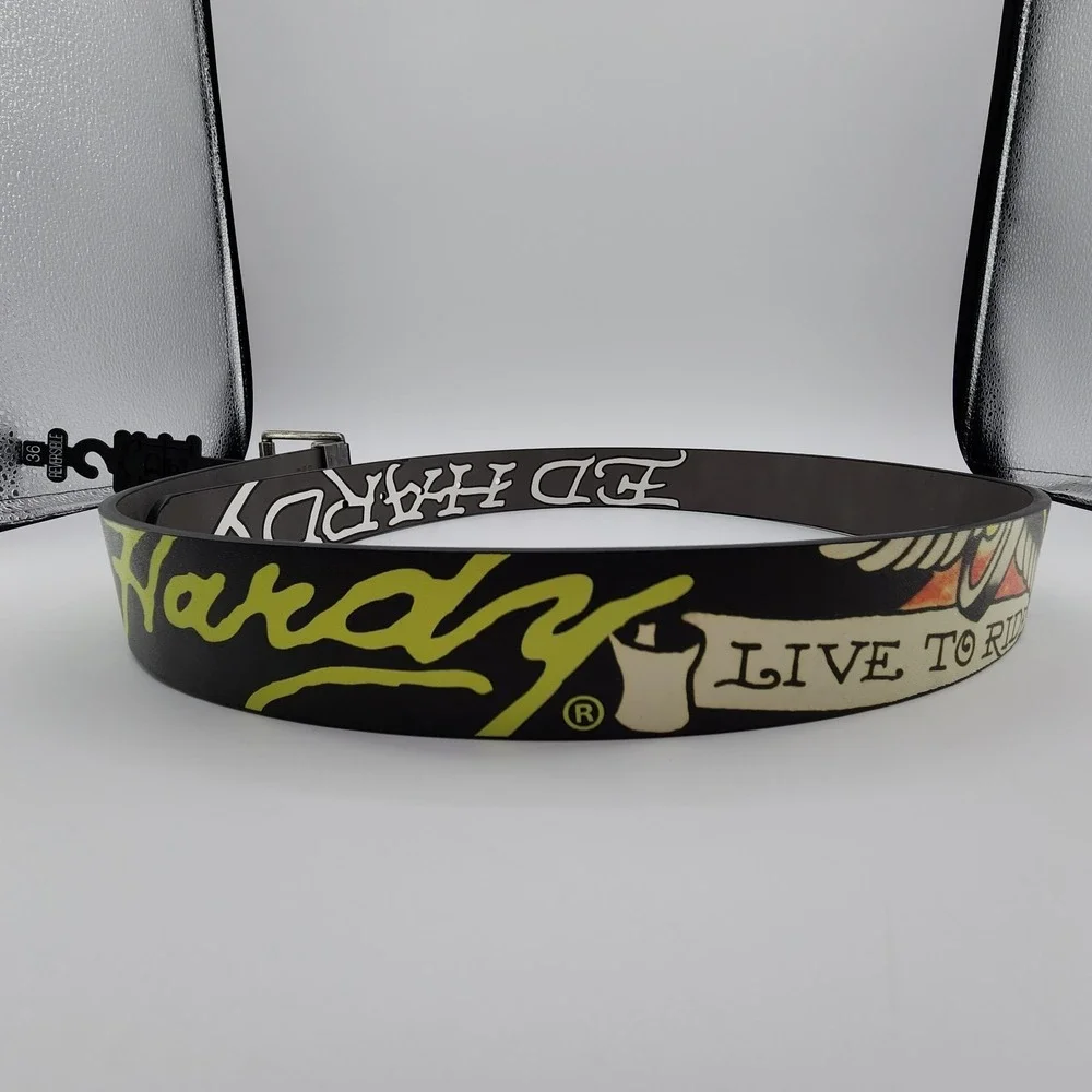 Ed Hardy Live to Ride Reversible Belt Mens Sz 36 Graphic‎ Print Metal Buckle NEW